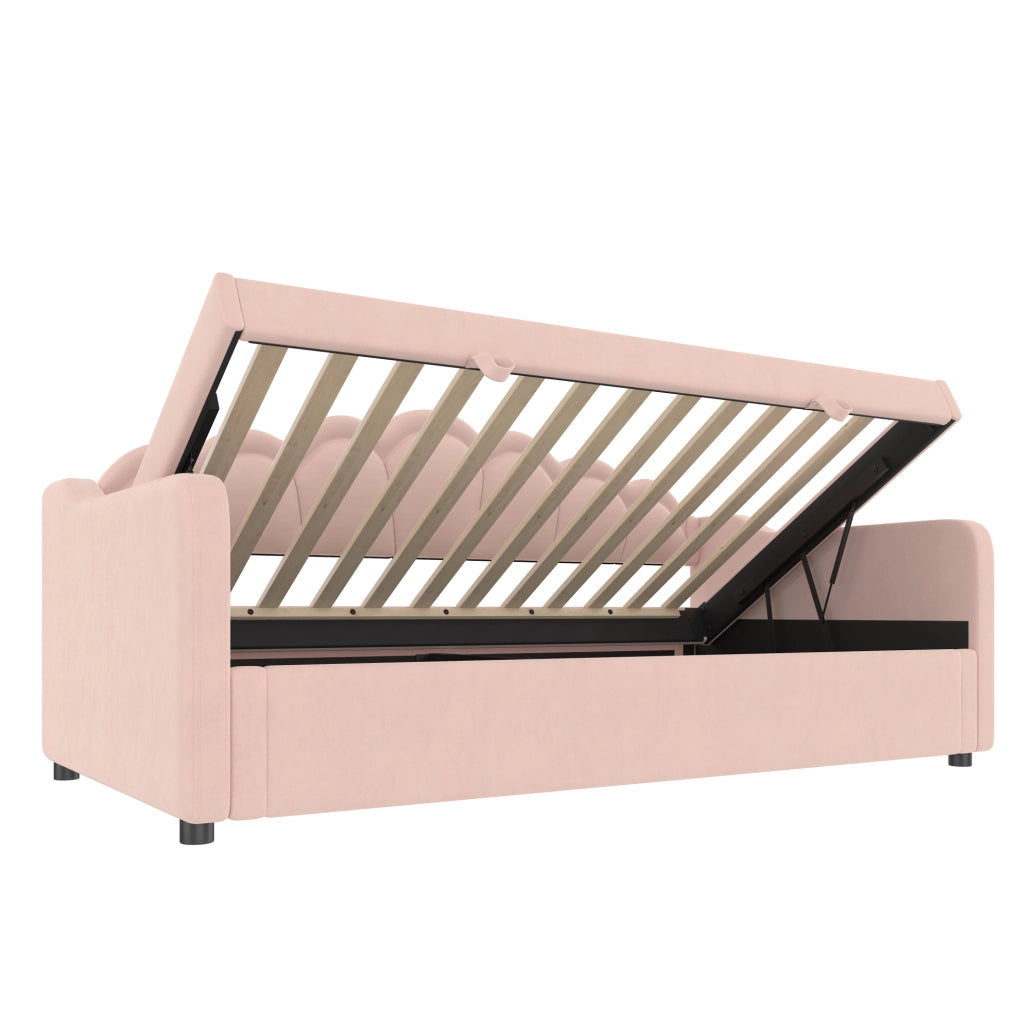 Divano letto ULEVR 90x200 cm in velluto rosa con contenitore idraulico, LED multicolore e telecomando