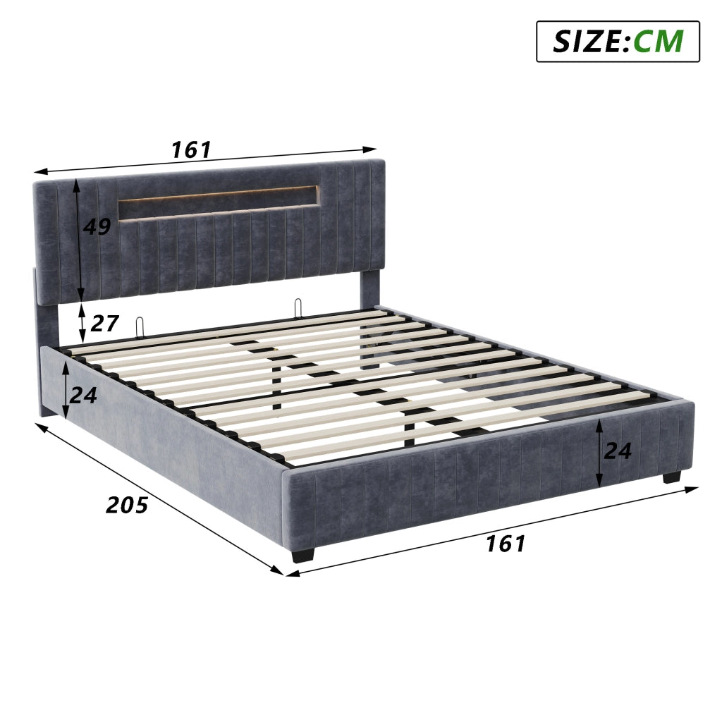 Letto matrimoniale contenitore 160x200 cm con testiera imbottita luce LED e rete a doghe struttura letto in velluto-grigio