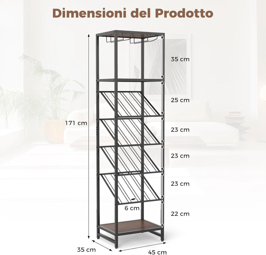 Portabottiglie da Terra a 7 Livelli, Cantinetta Portabottiglie di Vino con Portabicchieri e Piano d'Appoggio, per 16 Bottiglie, Scaffale Espositivo per Vino per Bar, Cucina e Sala da Pranzo
