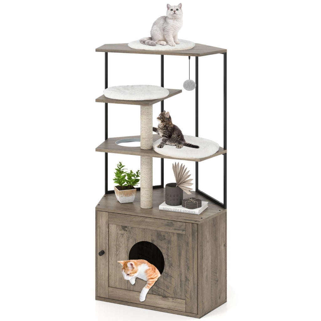 Albero per gatti con lettiera nascosta mobile moderno per gatti con 2 tiragraffi, Albero torretta interna in legno per gattini-Alberi Tiragraffi