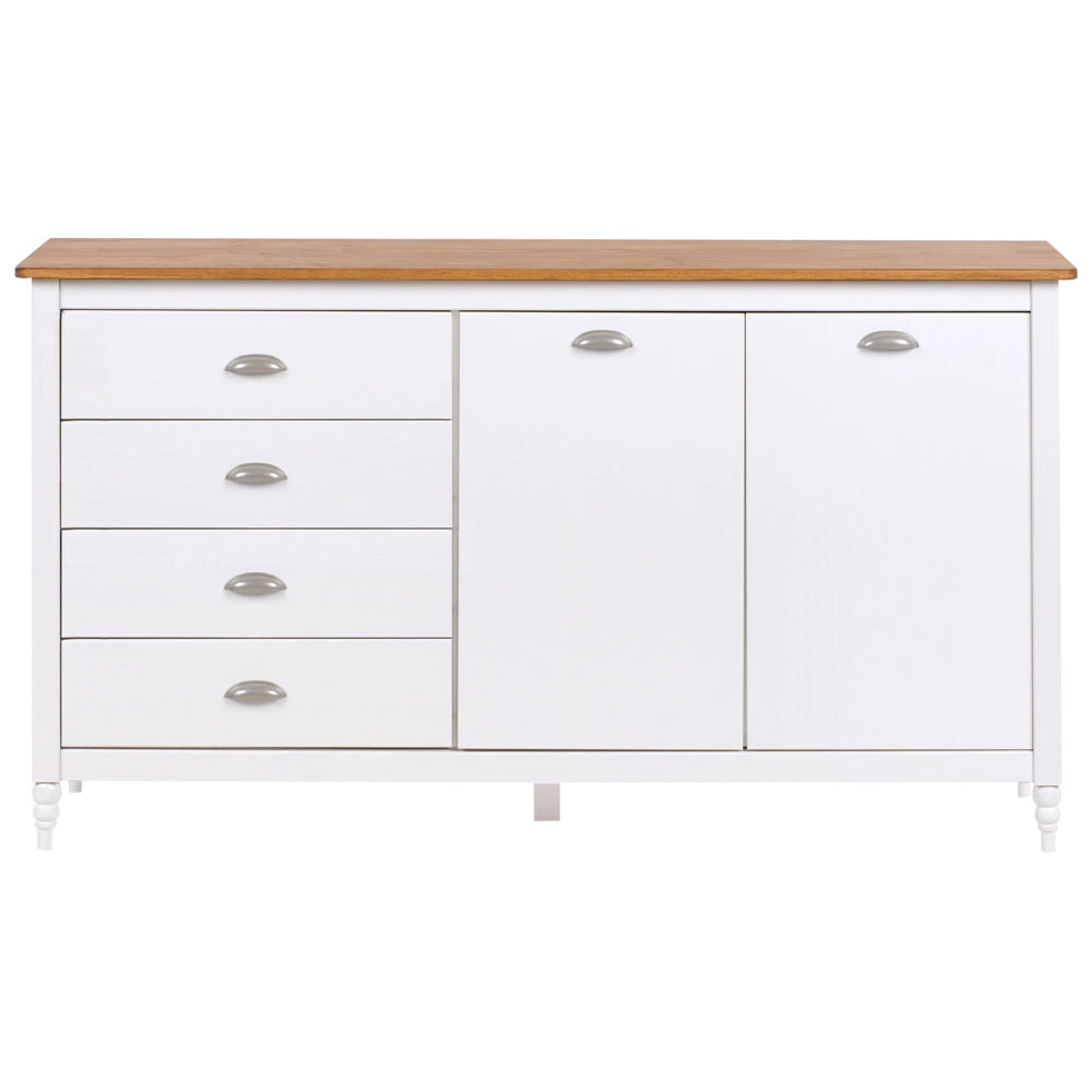Credenza bianca a 2 ante e 4 cassetti, mobile contenitore in stile scandinavo con piano in legno