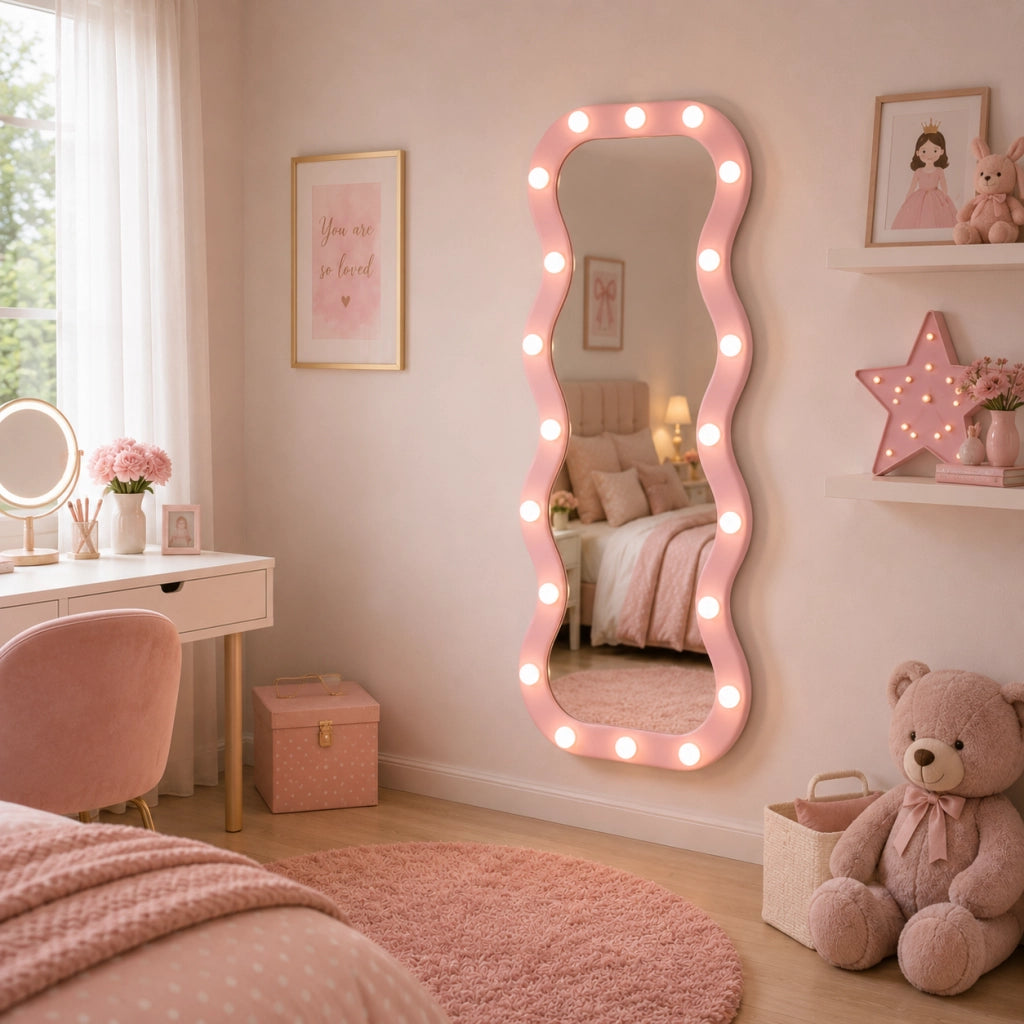 Specchio Grande Ondulato 60x160 cm con 20 Led, Cornice in Velluto Rosa Moderno Accensione Touch