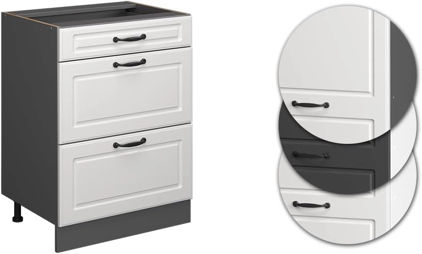 Mobiletto base per cucina R-Line, Bianco casa di campagna, 60 cm con cassetti, senza piano di lavoro, per la libera combinazione all'interno di sistemi cucina modulari