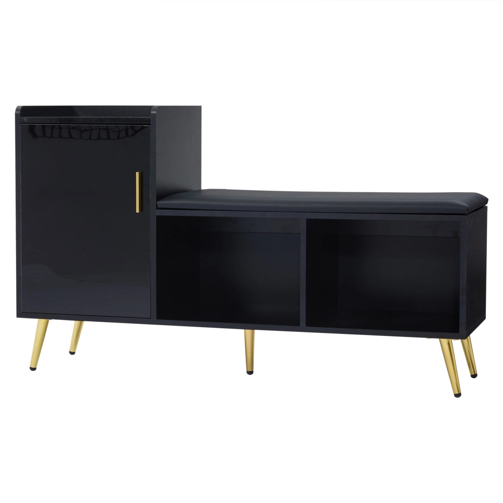 Scarpiera con seduta imbottita - Zephmum- Porta armadio nera lucida, ripiani multipli, accessori dorati