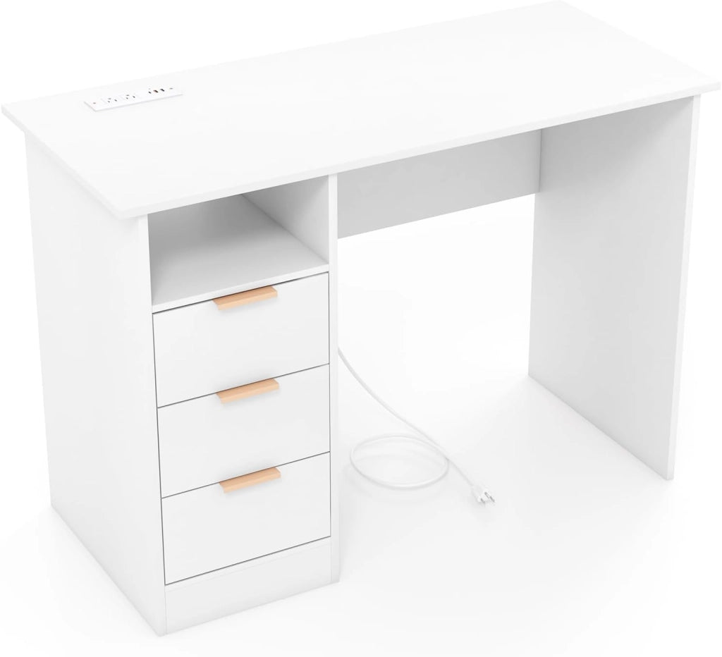 Scrivania con 3 Cassetti, Scrivania Bianco con Stazione di Ricarica e Mensola Aperta, Postazione da Lavoro PC per Camera da Letto, Studio e Ufficio, 108 x 48 x 76 cm