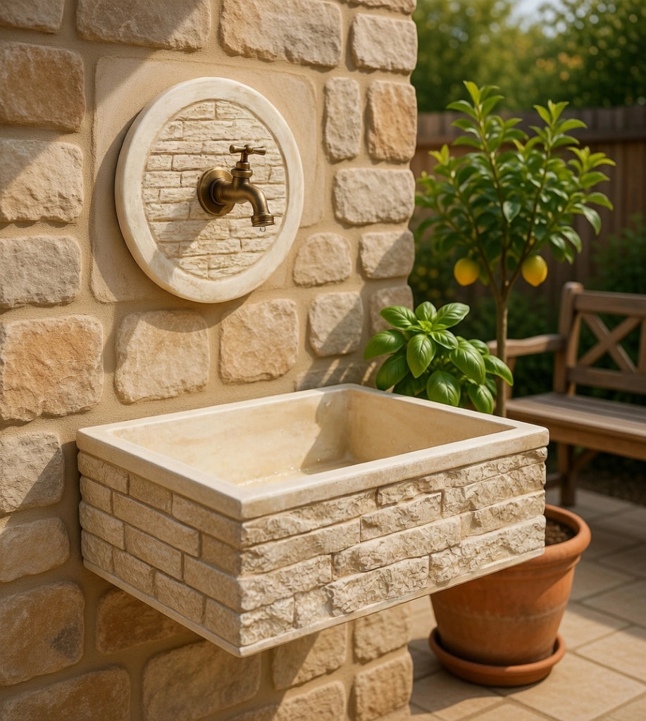 Lavello Rettangolare da Esterno 45x35 cm con Rosone Installazione a Muro in Cemento Mattone Faccia a Vista Meseta