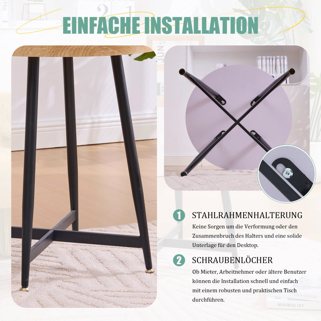 OKWISH Tavolino da Caffè Rotondo con Piano Compatto e Gambe in Metallo Incrociate, per Soggiorno e Camera, MDF, Legno Naturale, 55×55×60 cm