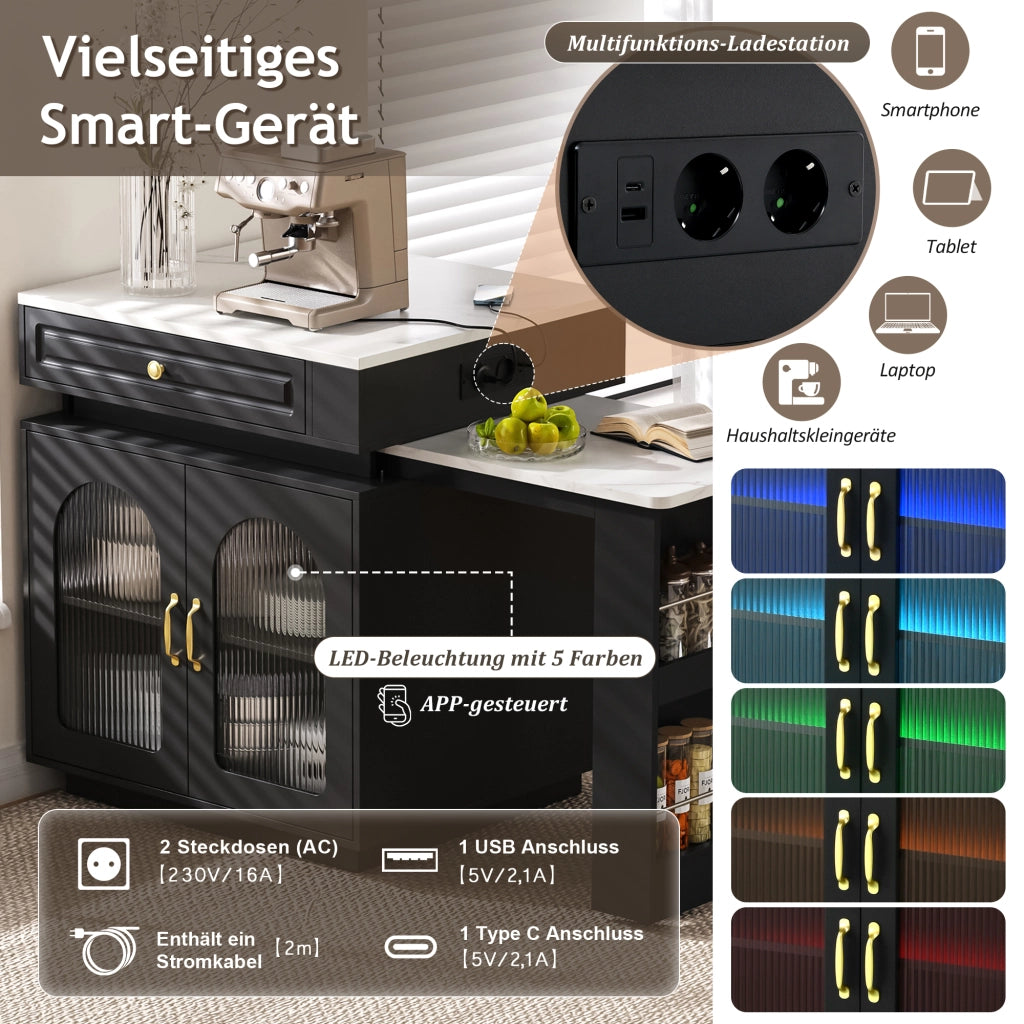 Tavolo da pranzo - isola cucina su ruote - estraibile con LED - bar con prese - nero - anta e sideboard