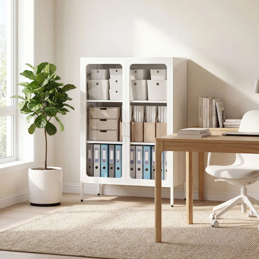 Mobile Portadocumenti in Acciaio con 2 Ante in Vetro e Ripiani Regolabili, 80x40x110 cm, Bianco