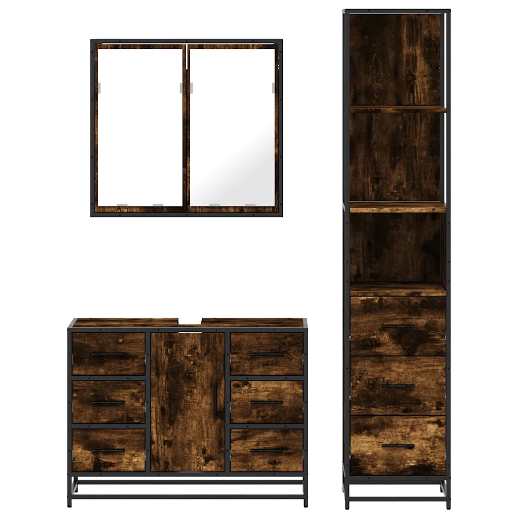 Set Mobili da Bagno 3 pz Rovere Fumo in Legno Multistrato