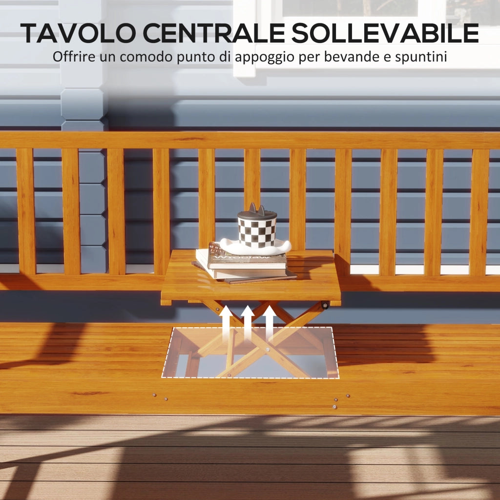 Panchina da Giardino 153x56x91 cm con Tavolino Centrale Sollevabile e Braccioli in Legno Marrone Chiaro