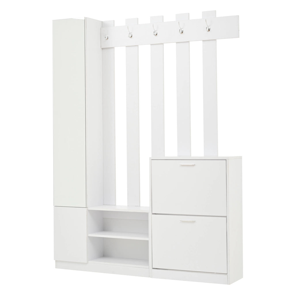 Set ingresso con specchio 135 x 25 x 180 cm, scarpiera salvaspazio con 2 scarpiere a ribalta, vani portaoggetti e 5 ganci, bianco