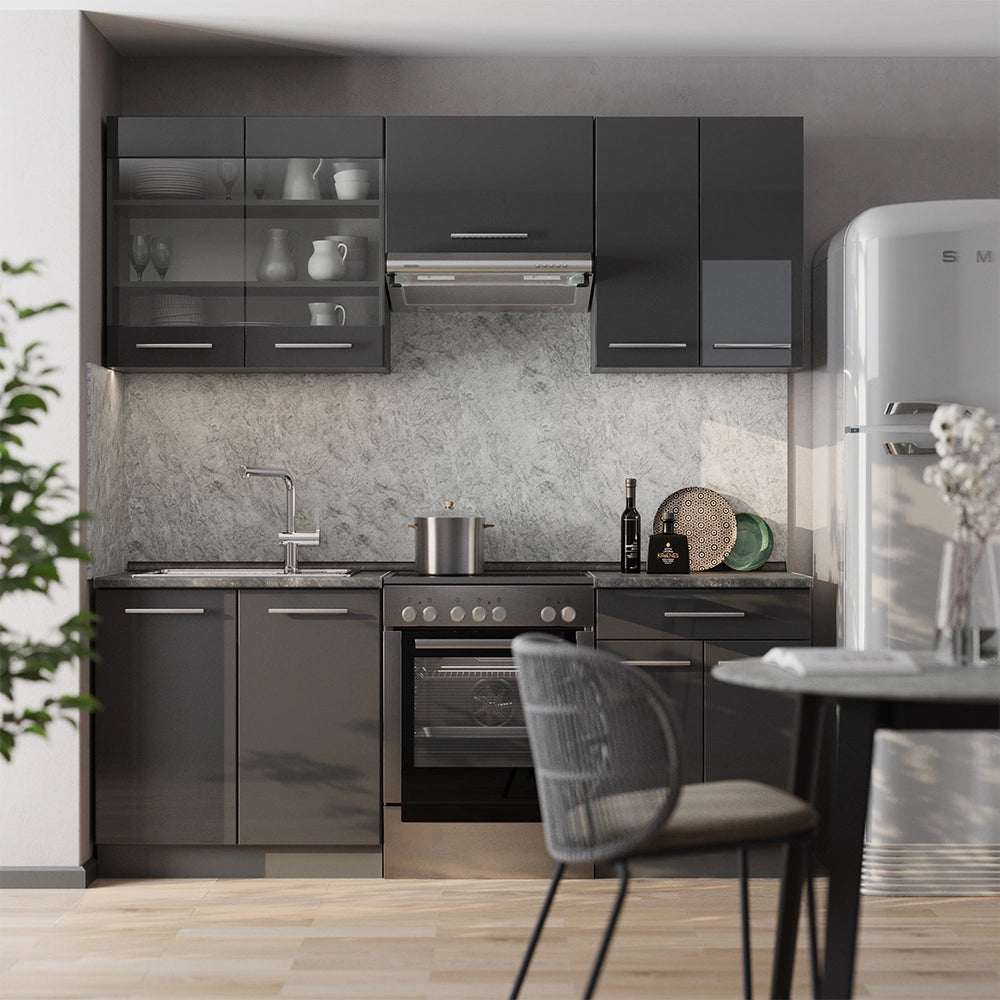Cucina componibile Fame-Line Antracite lucido/Antracite 200 cm, PL Marmo Vicco