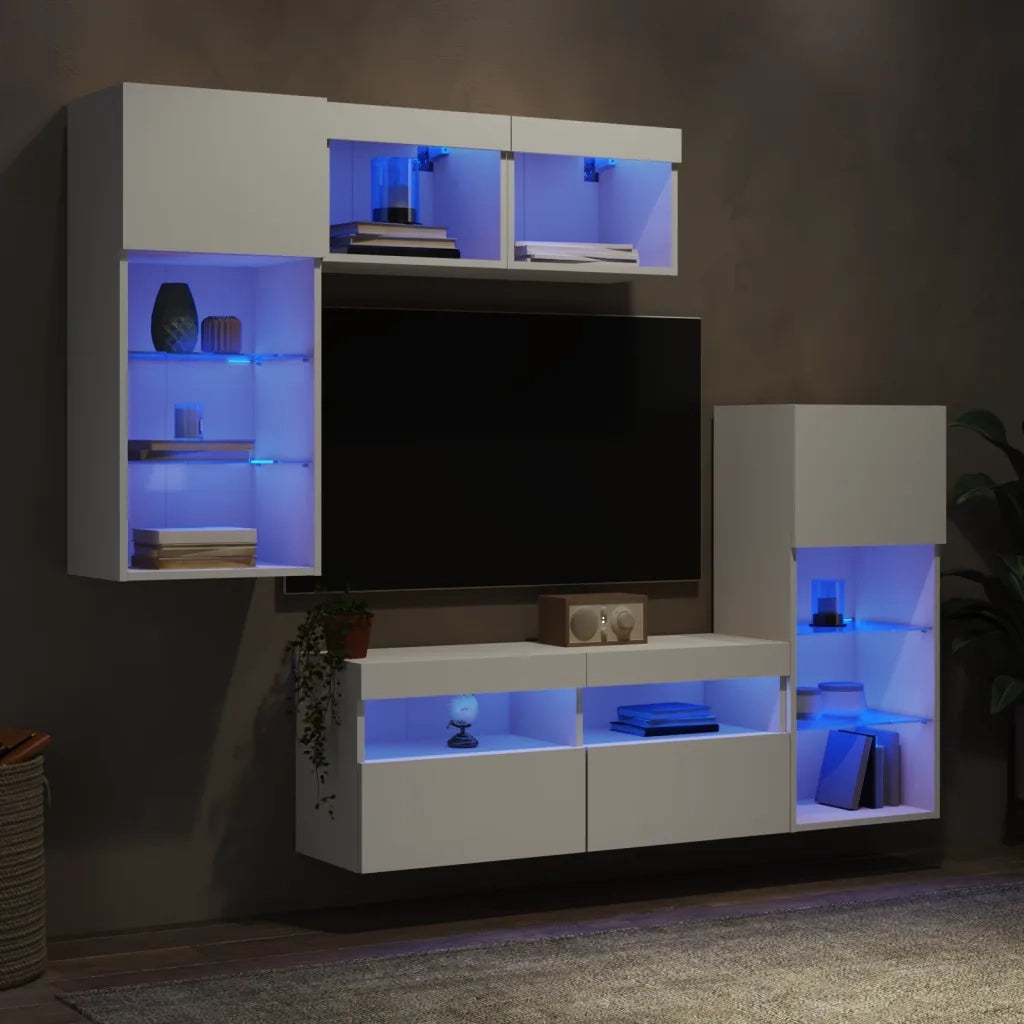 vidaXL Mobili TV a Muro con LED 5pz Bianchi in Legno Multistrato