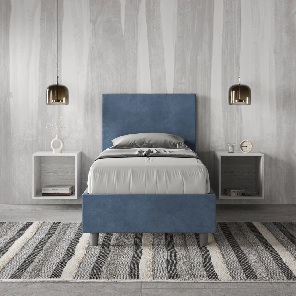 BS COM Letto singolo con rete imbottito 80x190 microfibra blu