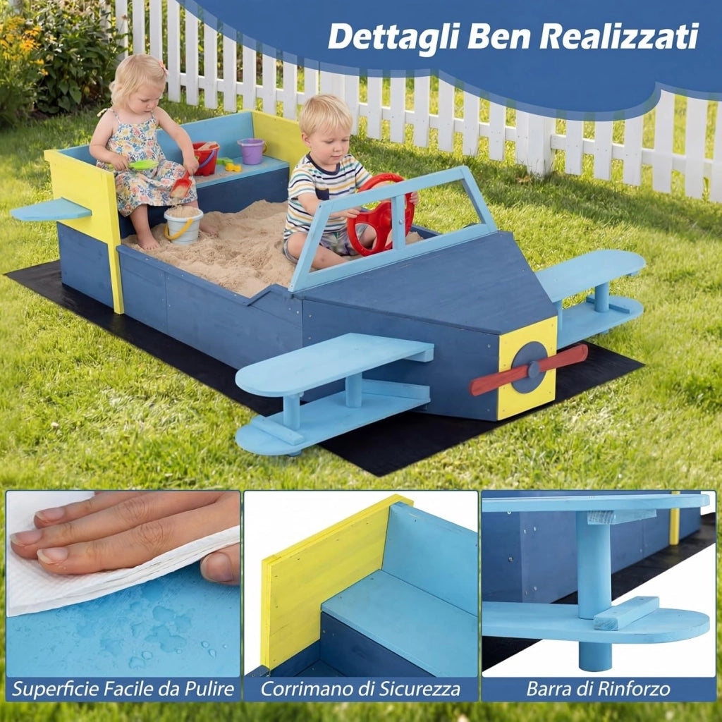 COSYWAY Sabbiera per Bambini in Legno, Gioco da Spiaggia a Forma di Aliante con Panca, Elica, Timone e Alette, Sabbiera da Esterno con Fodera Inferiore per Spiaggia e Cortile, 18 Mesi+, 180x100x50 cm