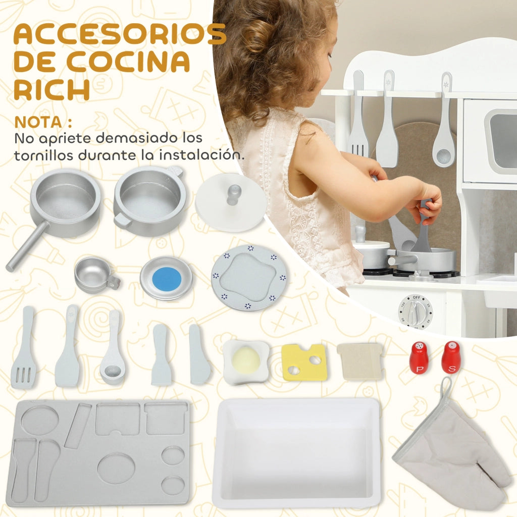 Cucina Giocattolo Bambini con Sonoro Accessori Lavello e Forno Microonde Legno ¨C Zephmum ¨C Bianco 80x30x90