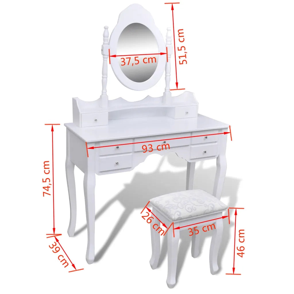 Tavolo da Trucco con Specchio e Sgabello 7 Cassetti Bianco 241002