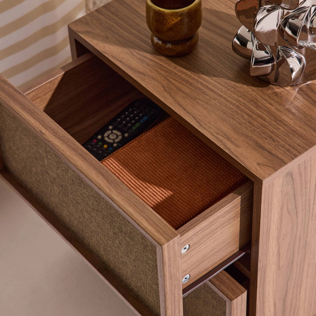 Comodino decorativo in legno e tessuto 2 cassetti, noce
