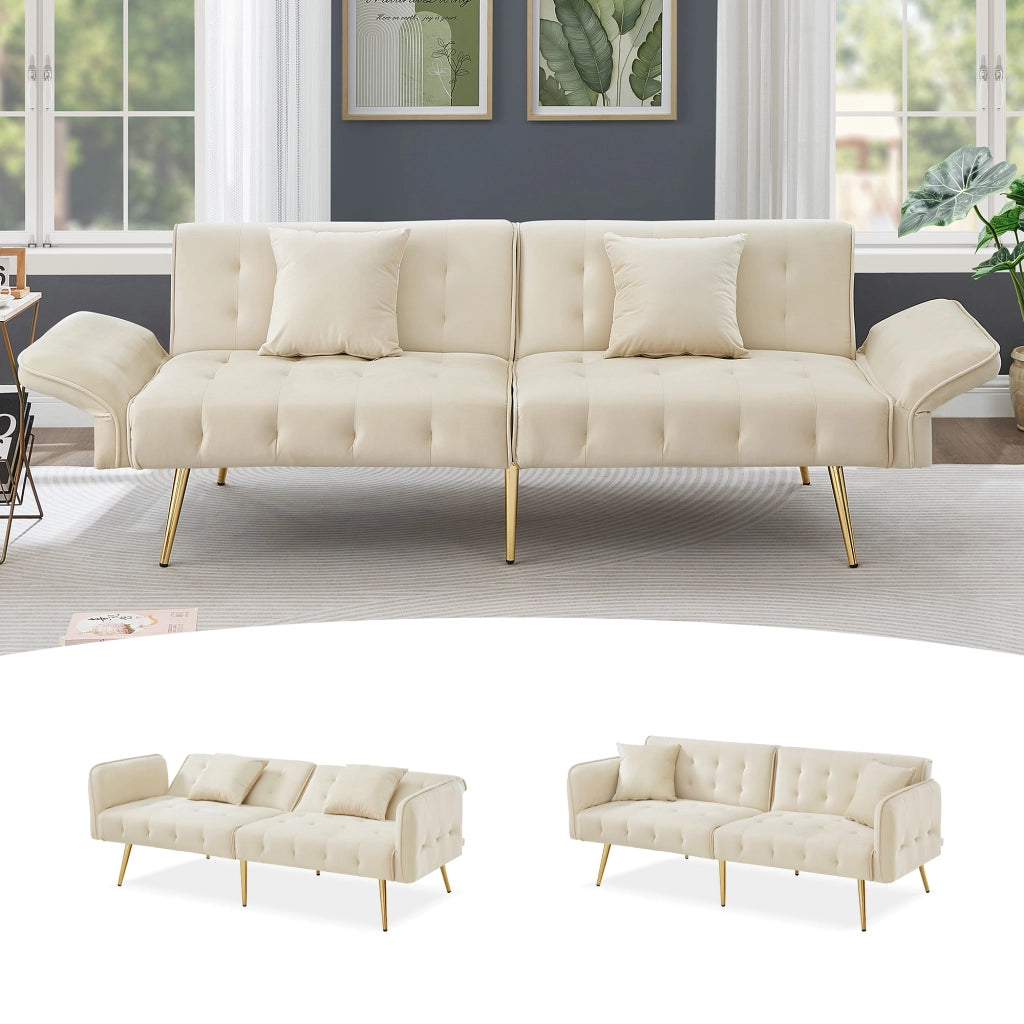 Divano Letto 2 Posti con Schienale Regolabile e Braccioli Multi-posizione; in Velluto Beige; 215 × 81;5 cm