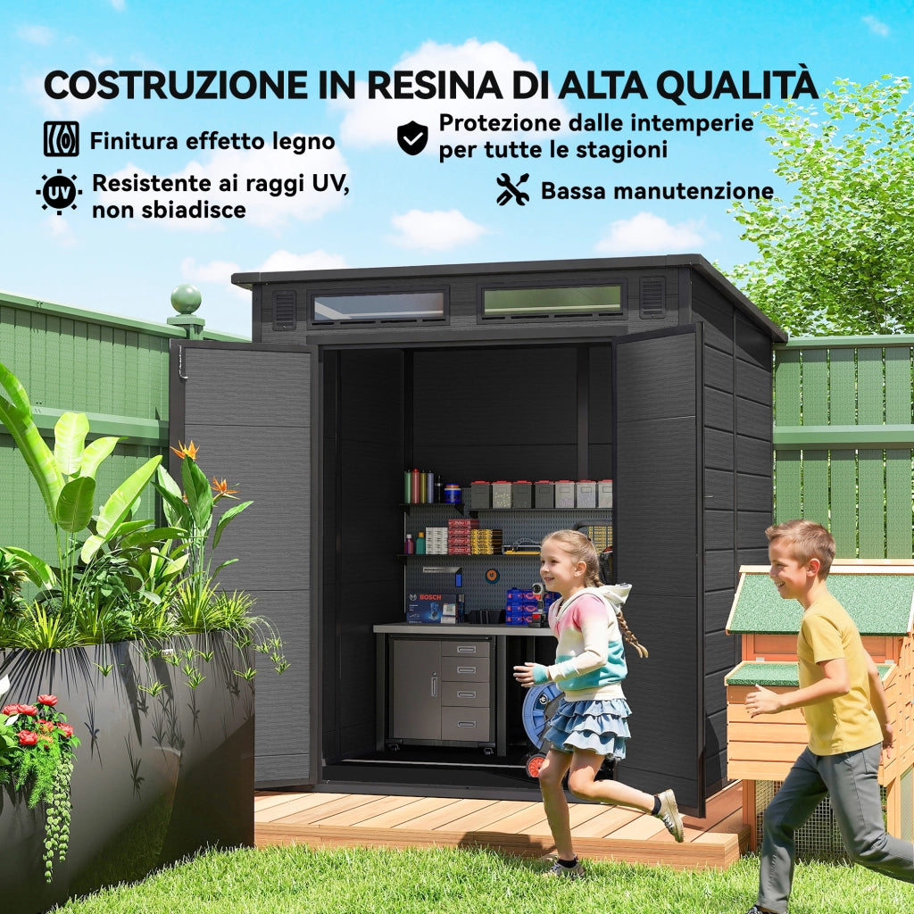 Casetta Box da Giardino 182x182x196 cm a 2 Ingressi con 3 Finestre e Prese d'Aria in PP e Alluminio Grigio Scuro