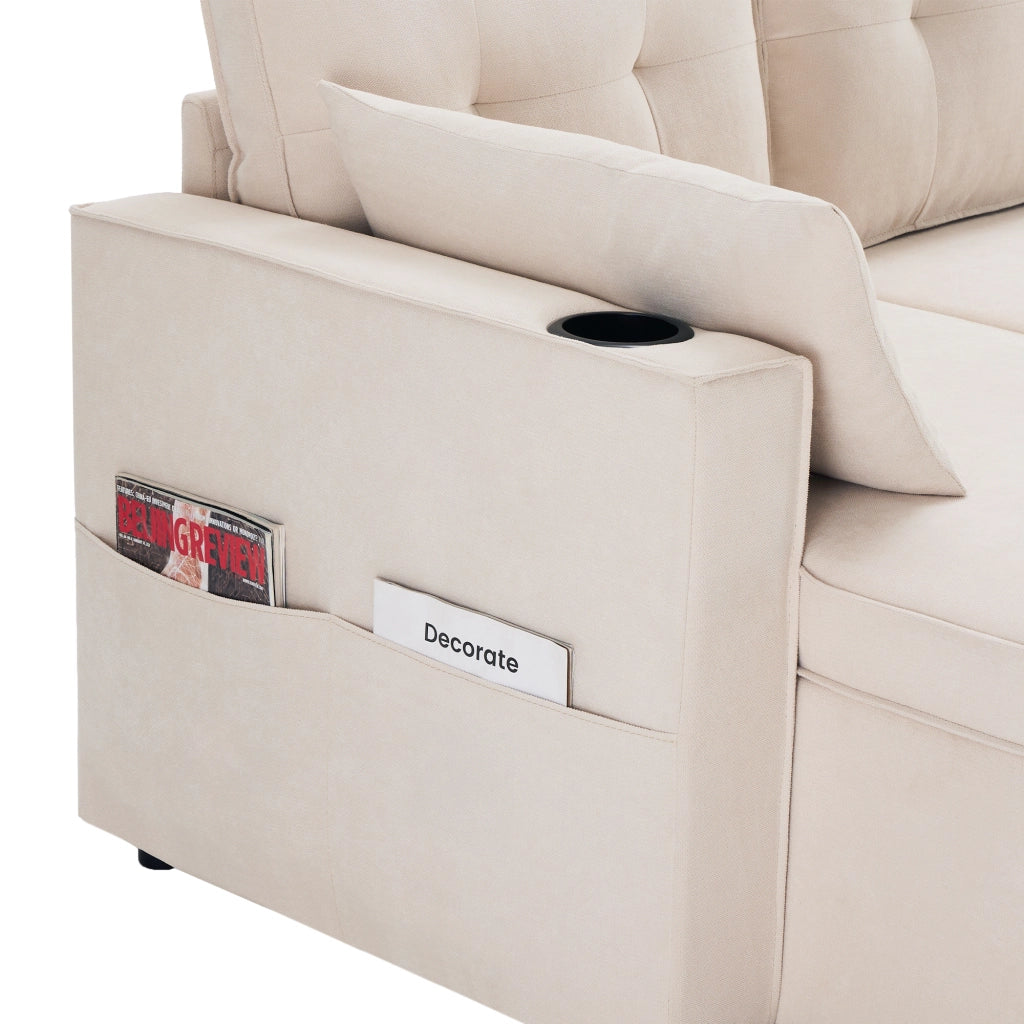 OKWISH Divano Letto Rivestito in Cotone e Lino, Divano a U con Contenitori, Portabicchieri, Tasche Laterali e Cuscini, Beige