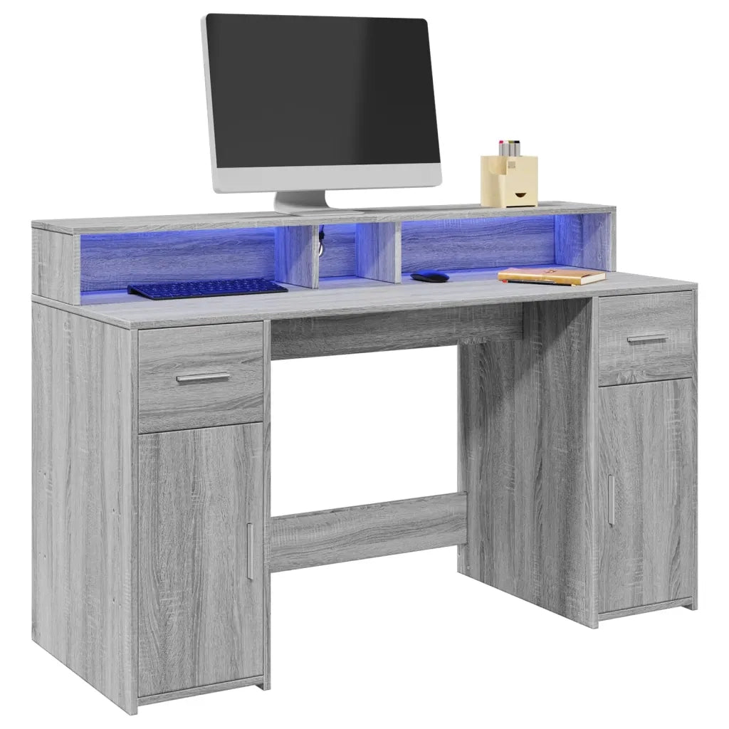Scrivania con Luci LED Grigio Sonoma 140x55x91cm in Multistrato