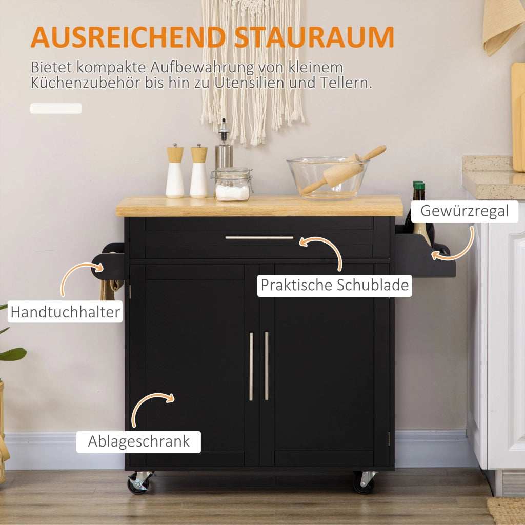 Carrello da Cucina con 1 Cassetto; 1 Anta; Ripiano Regolabile; Portaspezie e Portasciugamani; in Legno; 109x40x89 cm; Nero