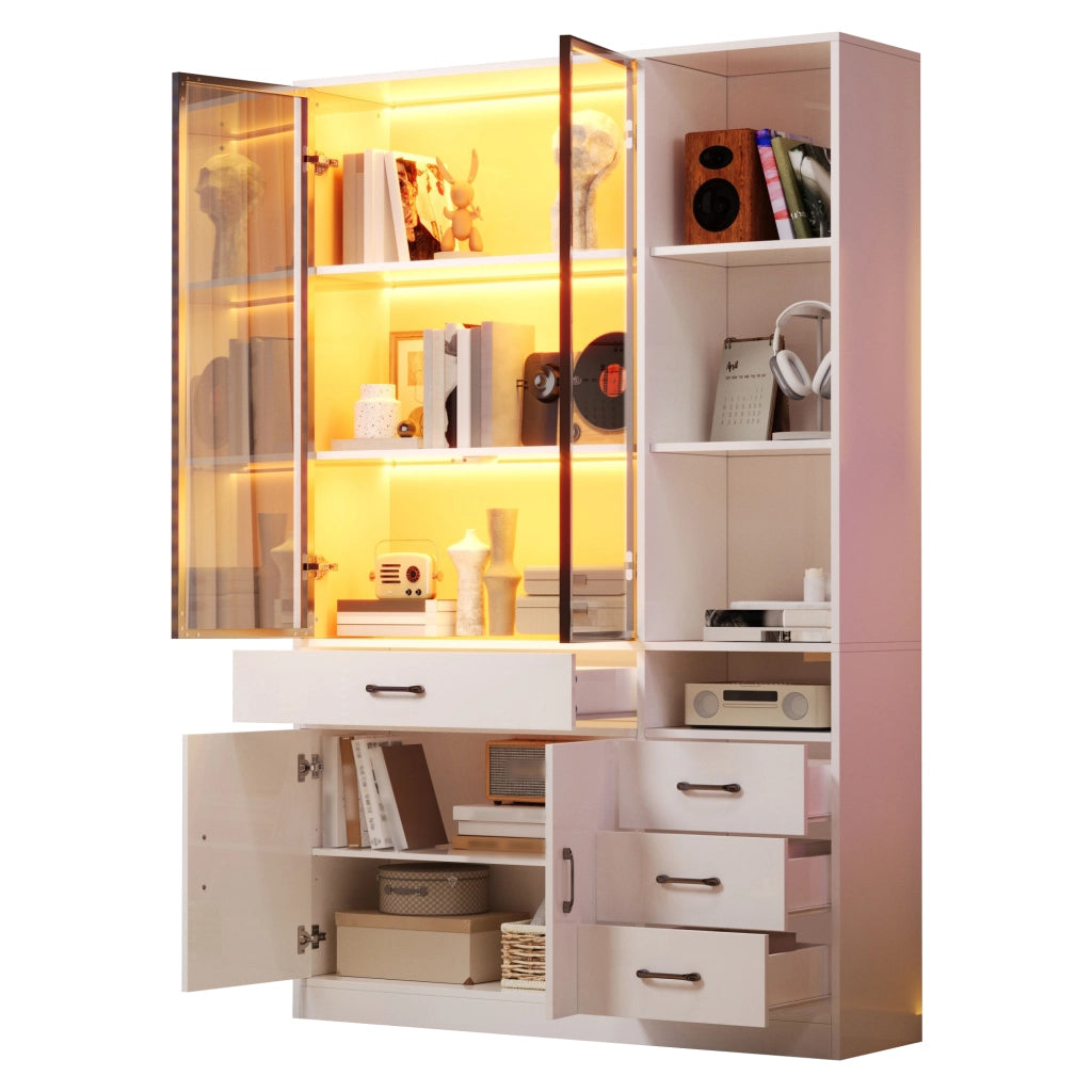 Libreria vetrina con 2 porte in vetro; 4 cassetti; 13 spazi di contenimento; LED; per soggiorno; 120 × 35 × 200 cm