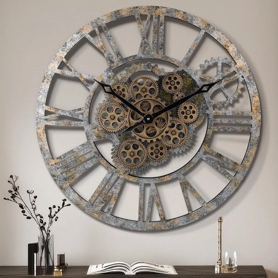 Orologio da Parete in Bronzo Antico con Gears in Movimento - 23 Pollici - Unico Pezzo - Houten Struttura