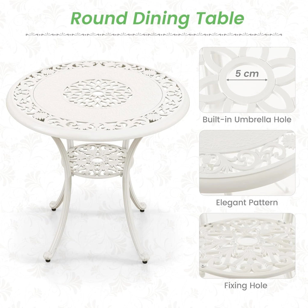 Soggiorno da giardino esterno, tavolo da giardino con sedia in ghisa di alluminio, tavolo da bistrot 5 pezzi per 4 persone, foro dell'ombrellone Dia.5 cm, tavolo rotondo per terrazza, balcone