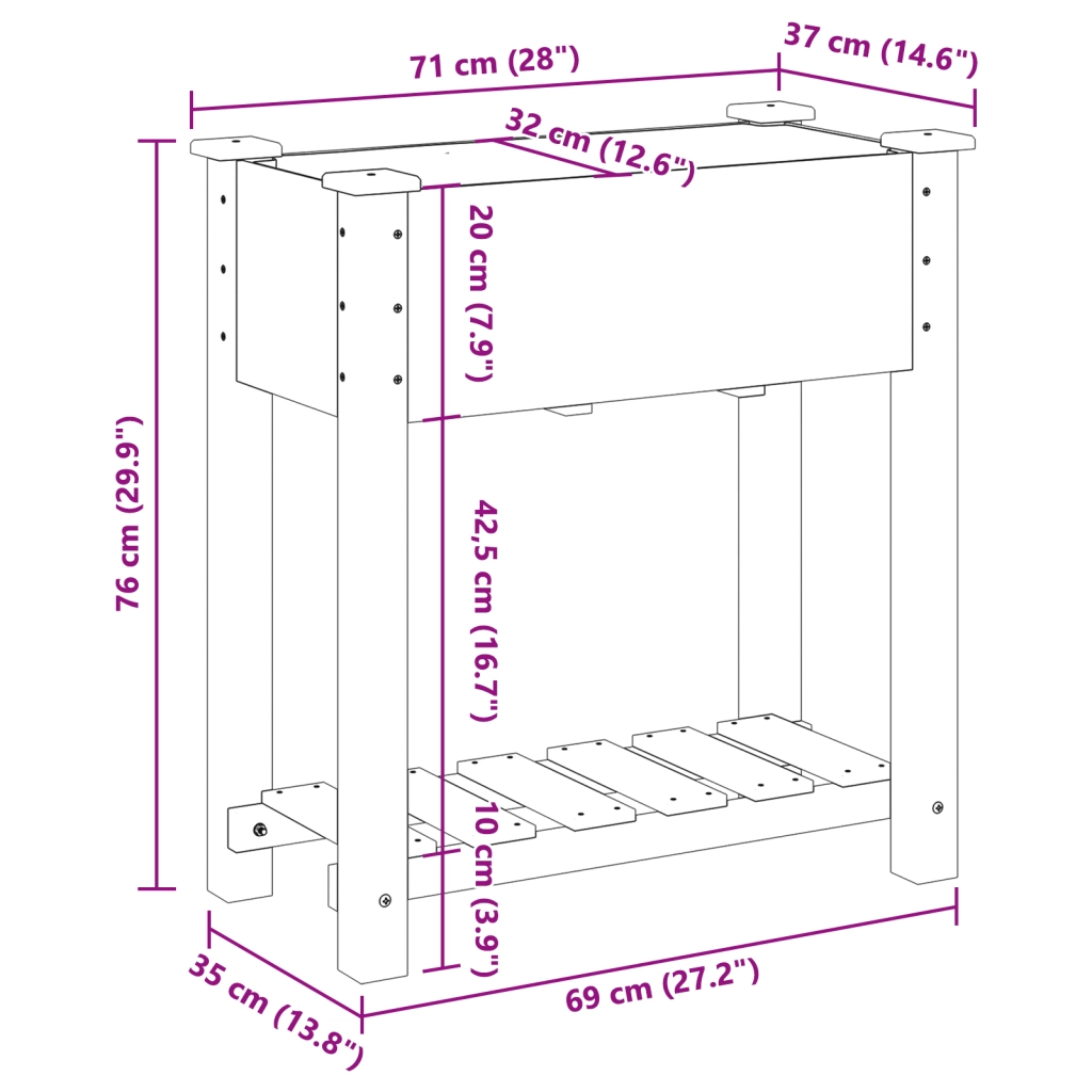 Fioriera da giardino  con ripiano 71x37x76 cm in legno massello di abete