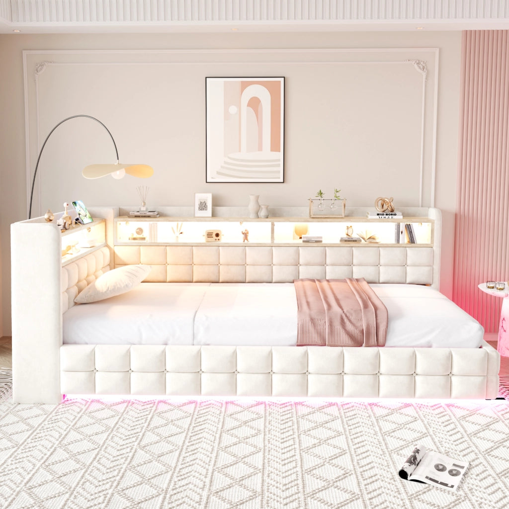 Letto singolo 90×200 cm con contenitore idraulico; ripiani; LED; USB e Type-C; senza materasso; velluto; beige