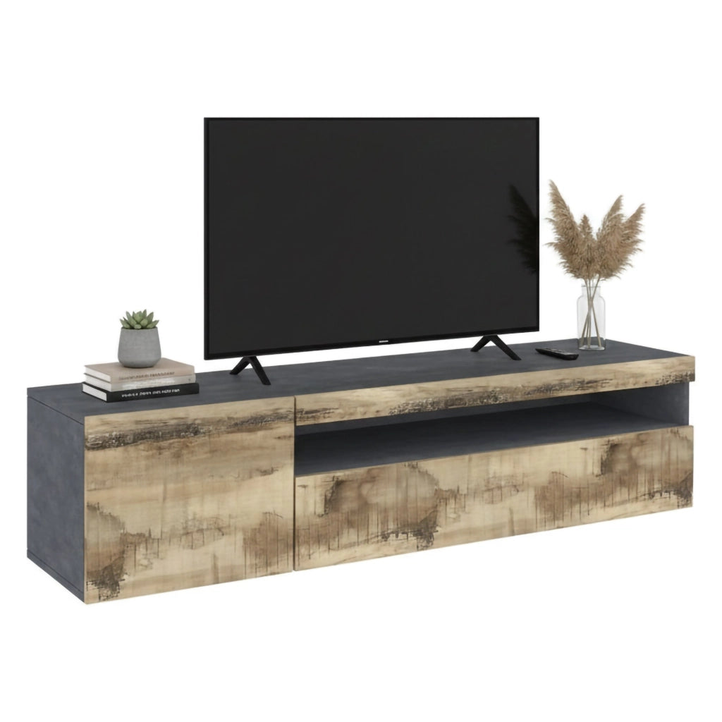 Mobile da soggiorno Porta Aquilo, Made in Italy, Supporto per Aquilo da salotto 2 ante, cm 150x40h37, Grigio Ardesia e Acero, con luce LED blu