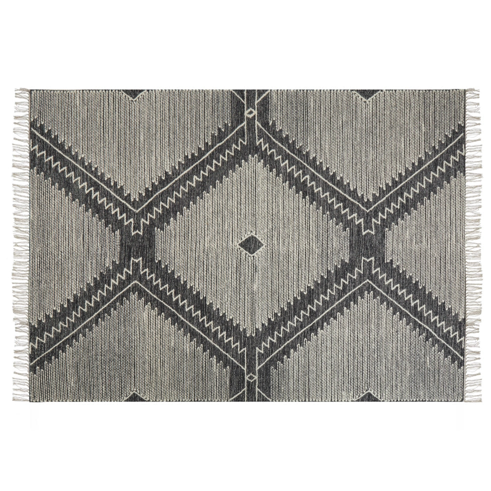 Tappeto in cotone bianco panna nero 160 x 230 cm lana motivo geometrico nappe orientale tribale