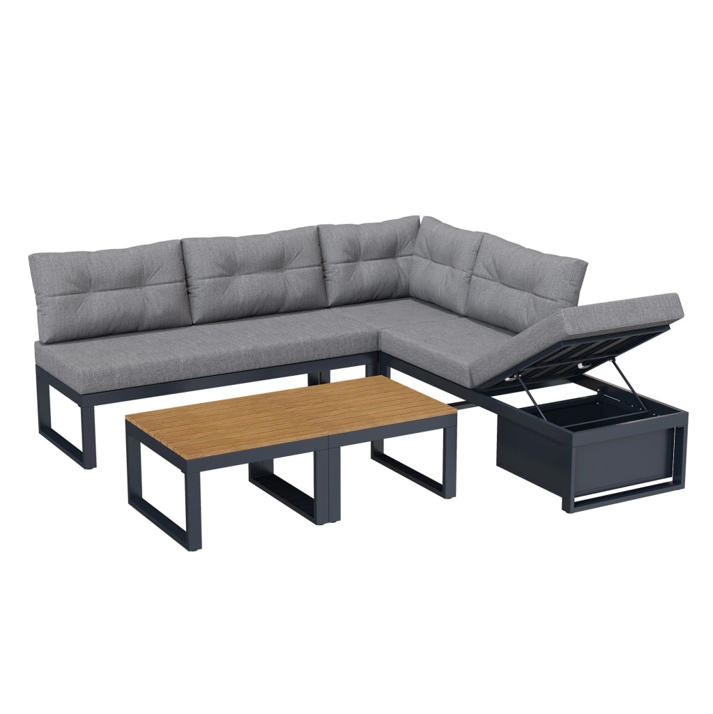Set divano da esterno modulare con schienale regolabile a 3 livelli e contenitore; grigio
