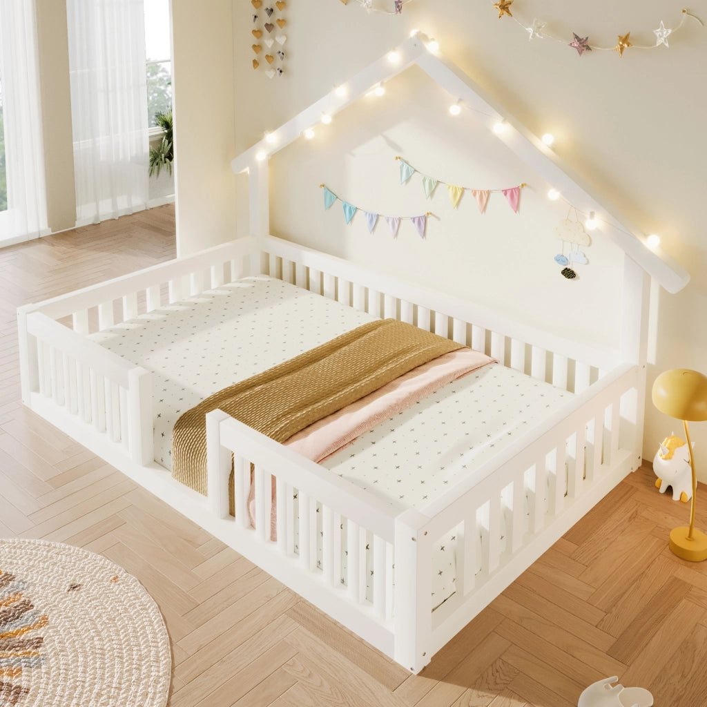 LETTO a casetta 90x200 cm in legno bianco con luci LED