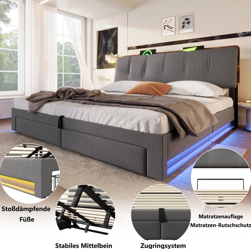 Letto imbottito 180x200 cm con contenitore idraulico, LED e porte USB