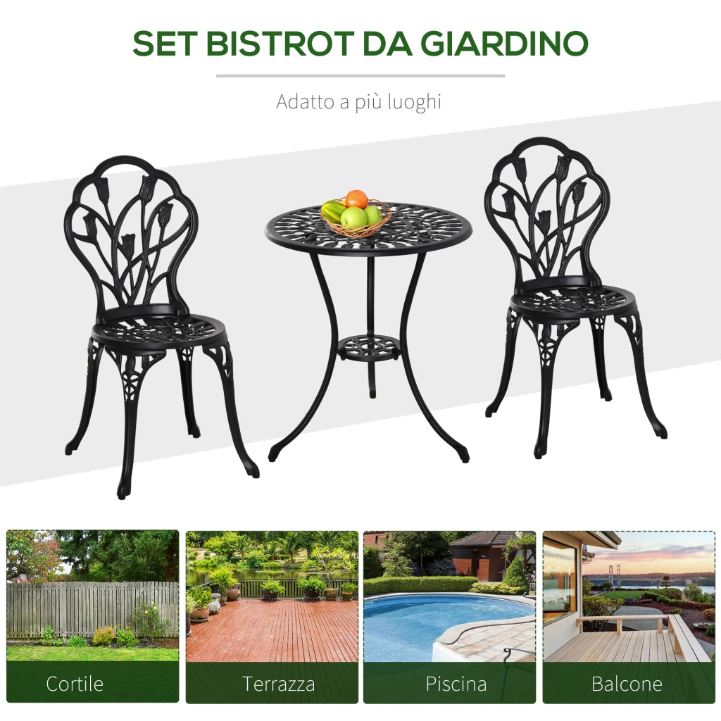 Set da Giardino 3 Pezzi in Alluminio con 2 Sedie 42.5x47.5x89 cm e Tavolino Rotondo ?60x67 cm, Nero