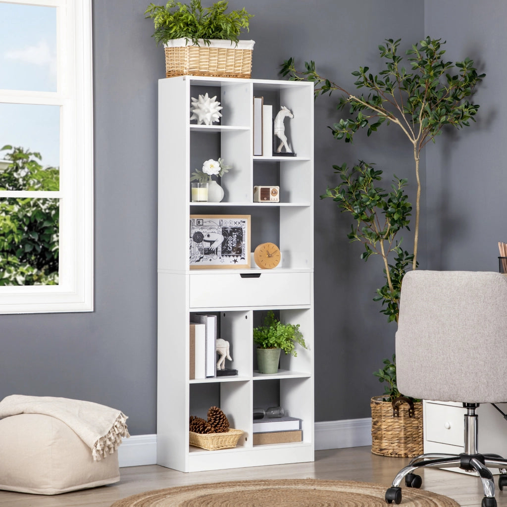 Libreria in Legno con 1 Cassetto e 9 Scomparti ¨C zephmum ¨C 60x26x158 Bianco