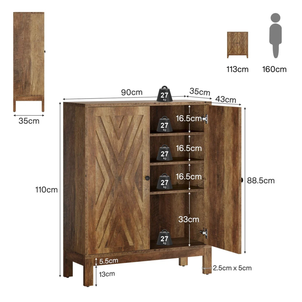 Scarpiera a 5 ripiani con ripiani regolabili, stile industriale, per ingresso e soggiorno, in MDF e metallo, marrone rustico
