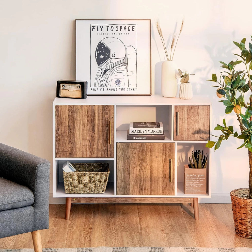 Armadio in legno, credenza per soggiorno, a buffet, 6 scomparti e 3 ante, mobile laterale, moderno, indipendente (bianco + naturale)