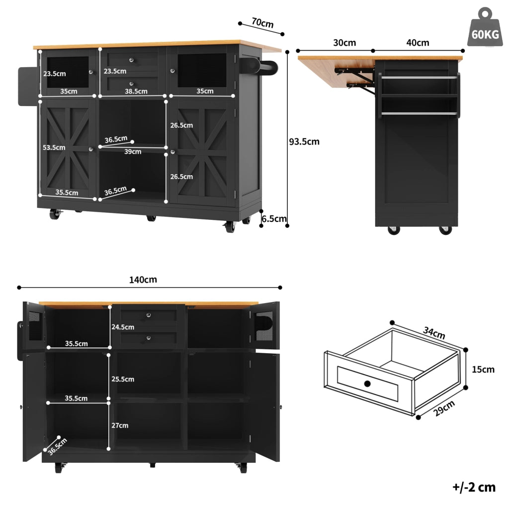 Carrello cucina 140x40x93.5 cm con piano pieghevole; 2 cassetti; MDF nero