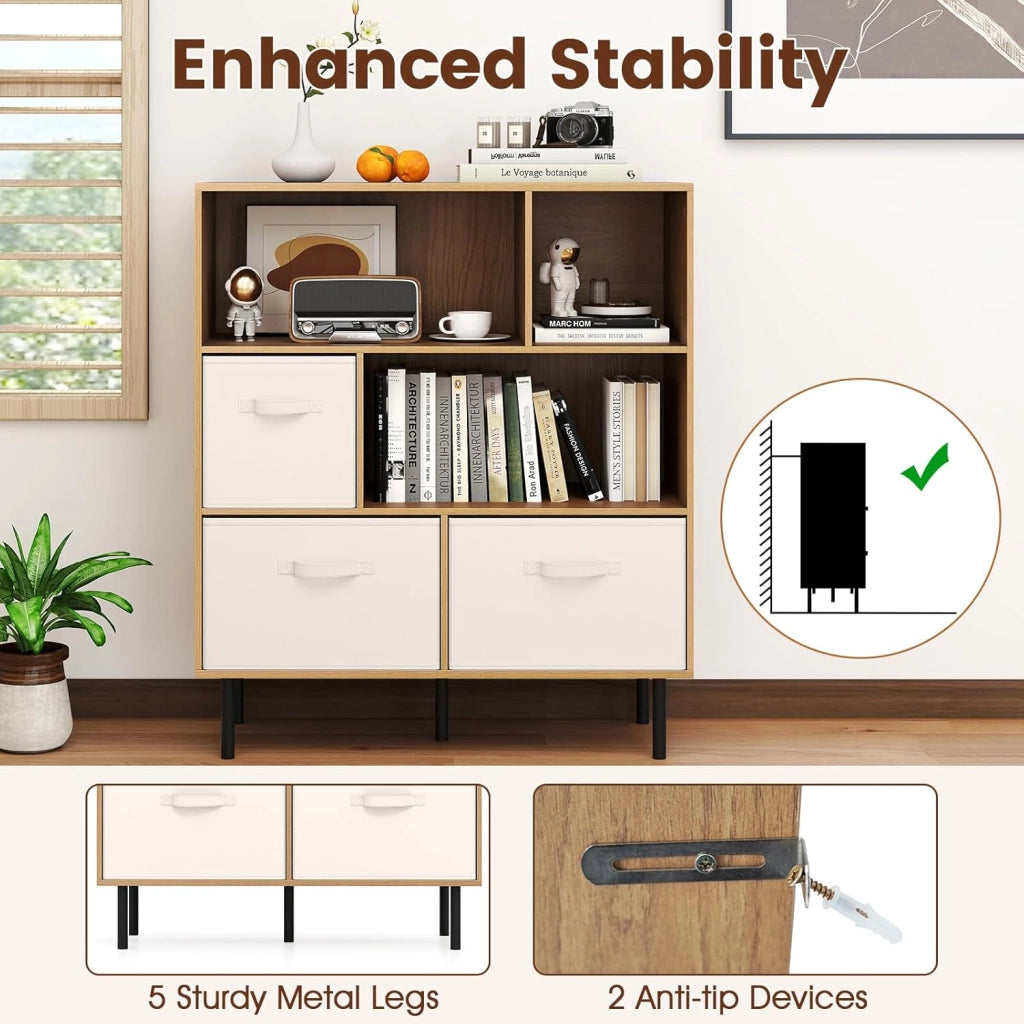 Libreria a 6 cubi, 3 ripiani, con 3 cesti in tessuto pieghevoli rimovibili e 2 protezioni antiribaltamento, libreria autoportante per casa e ufficio, 90 x 40 x 105 cm