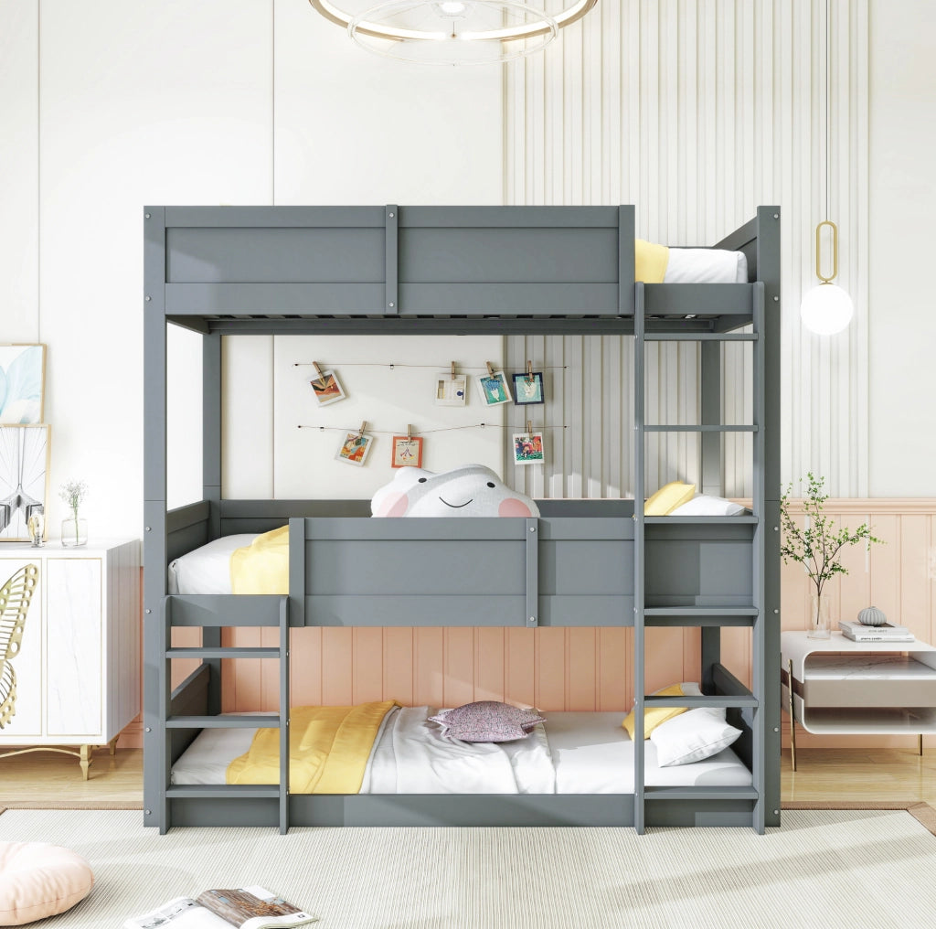Letto triplo modulare 90x200 cm in legno grigio, soluzione salvaspazio