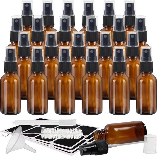 Spray per Bemistaggio in Vetro - 24 Confezioni da 30 ml, Spazzola per Pulizia, Pennello, Lente e Penna - Bottiglie Navicelle per Oli Essenziali, Pulizia e Aromaterapia