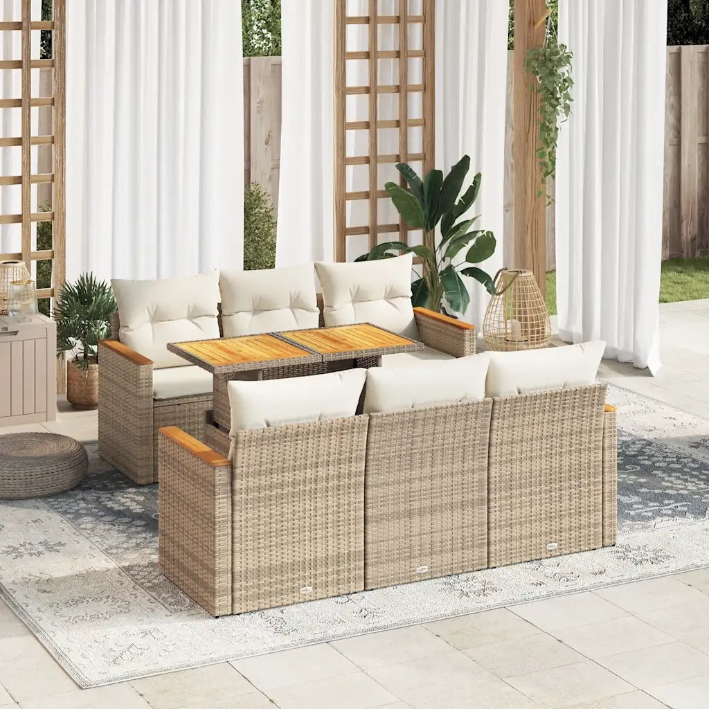Set Divani da Giardino 7 pz con Cuscini Beige Polyrattan Acacia