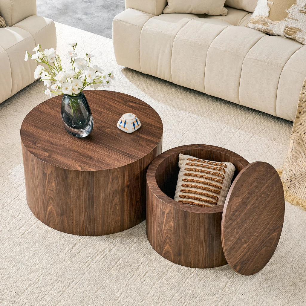 Set di 2 tavolini da salotto rotondi con vano contenitore, effetto legno, MDF, diametri ca. 62,8 cm e 44 cm