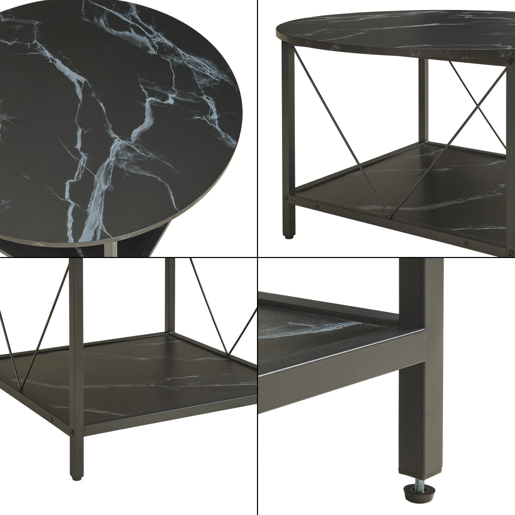 Tavolino da Caffè Filem con Piano Rotondo e Ripiano ØxA: 80 x 46 cm - Effetto Marmo Nero [en.casa]