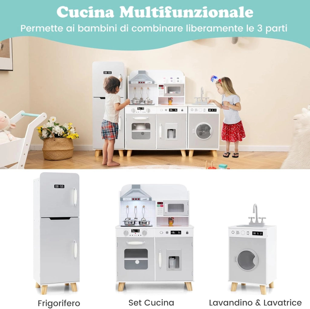Cucina Giocattolo per Bambini, Cucina per Bambini con Frigorifero, Macchina del Ghiaccio, Lavatrice, Forno, Microonde, Lavello e Rubinetto, Con Luci e Suoni, per Bambini 3+ Anni (Grigio)